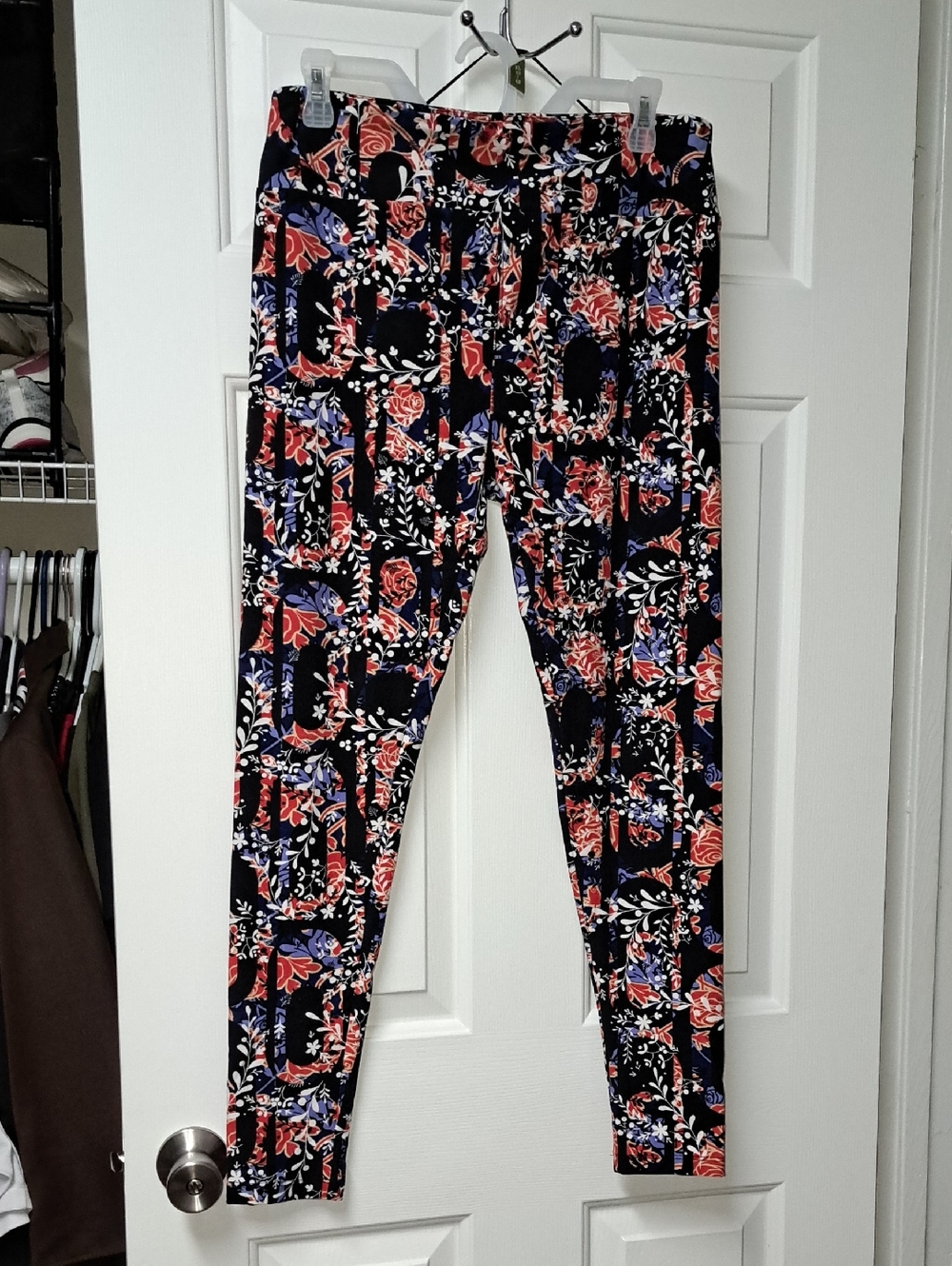 LuLaRoe Black Floral Leggings with Coral & Blue Accents
